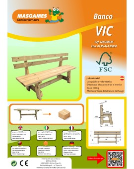 Wooden bench with backrest MASGAMES VIC
