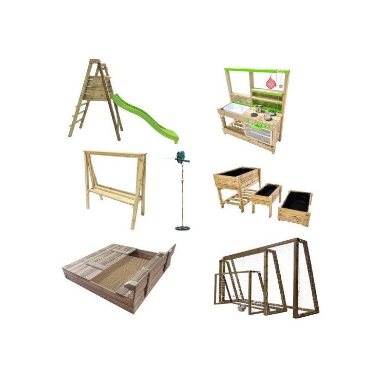 Outdoor Slate, Outdoor Kitchens, Grow tables, Slides, Garden zip line, Sandboxes and Football Goals