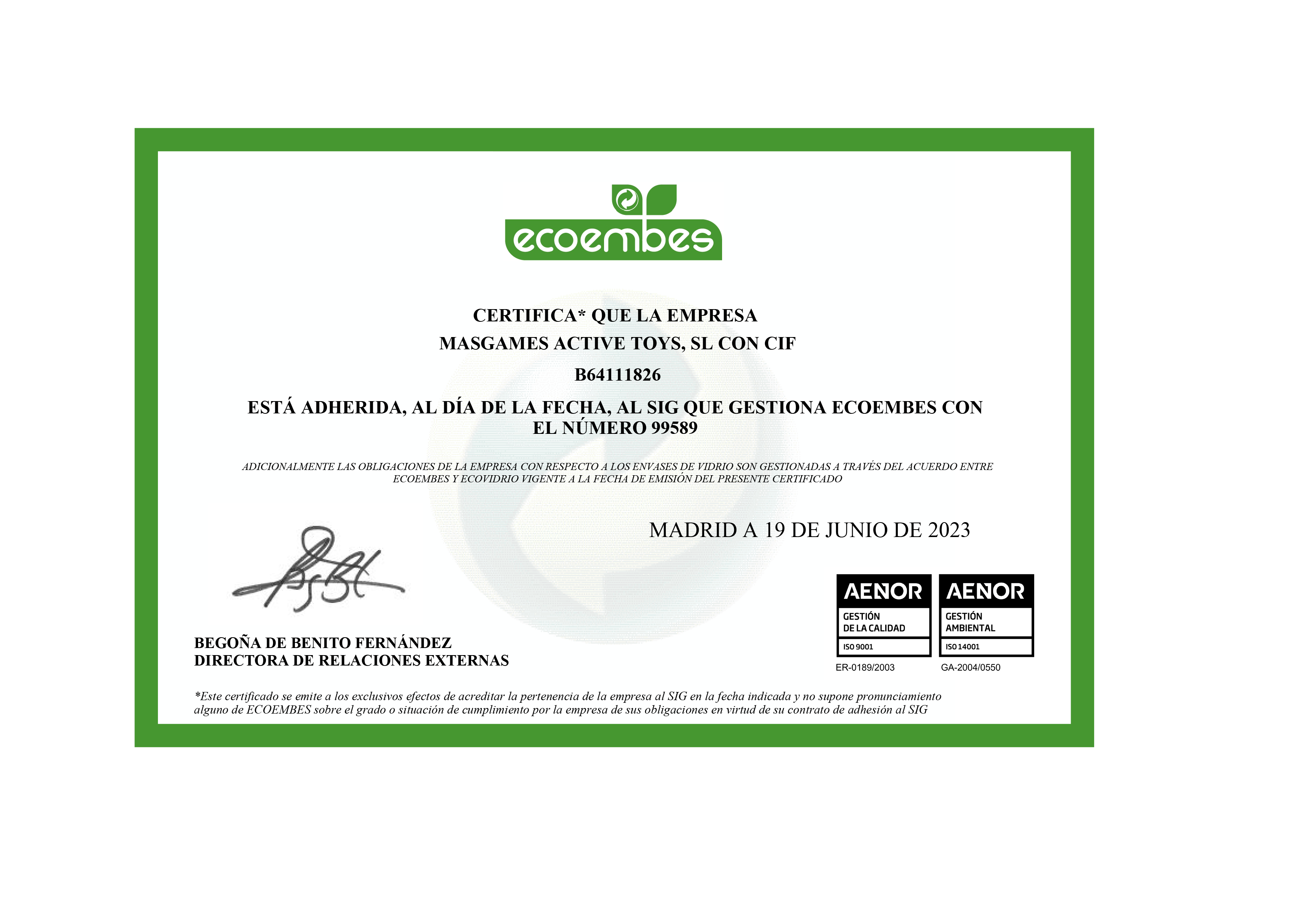 Ecoembes Certificate